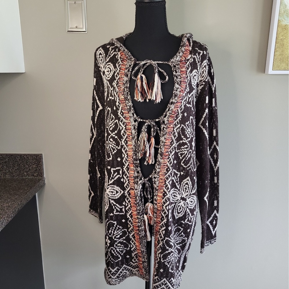 Cliche Womens M Hooded Cardigan Sweater Wool Blend Boho Tassel Tribal Fringe